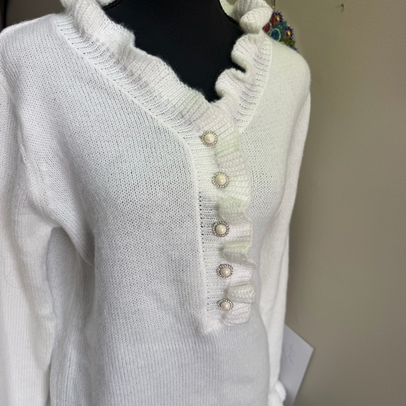 White Ruffled Button-Up Sweater - Picture 2 of 6